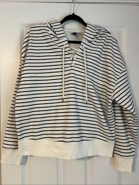 Universal Thread White Hooded Lace-Up Black Striped Sweater